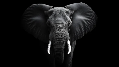 Elephant portrait reveals textured skin and sweeping tusks.