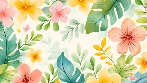 Watercolor Botanical Garden Composition with Blossoming Florals and Foliage