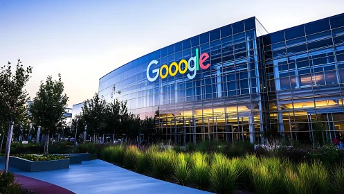 Corporate glass facade captures dusk light in tech campus view