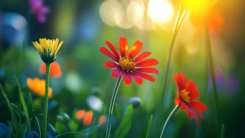 Vibrant Gerbera Daisies in Golden Hour Sunlight with Selective Focus Bokeh.