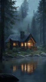 Lakeside log cabin glows through misty blue conifer forest.
