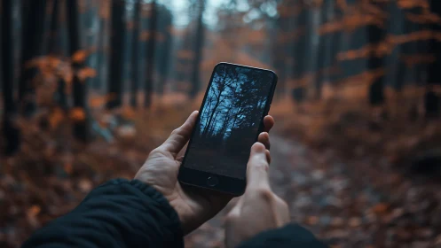 Hand holding smartphone displaying forest landscape in autumn woodland