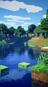 Blocky lakeside forest under clear sky in voxel style.