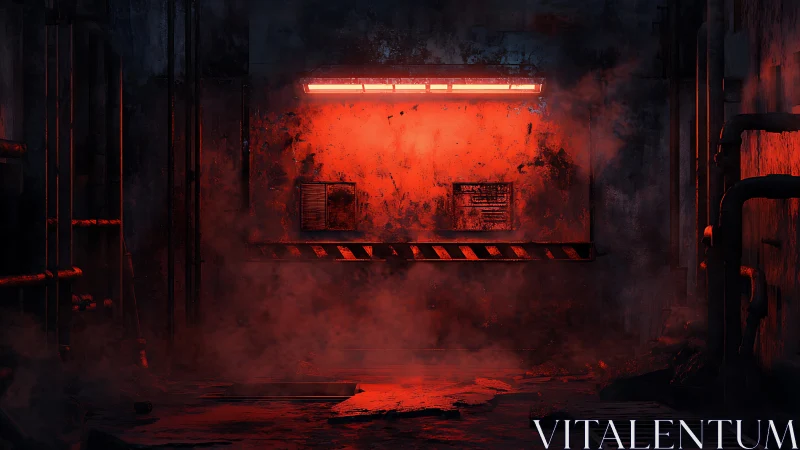 Red warning door glows inside grimy industrial corridor.