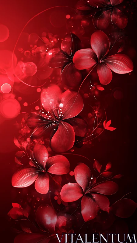 Digital flowers glowing red against dark gradient background with bokeh effects