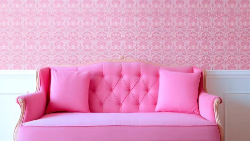 Pink tufted sofa against patterned floral pink wall.