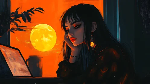 Melancholic woman at laptop under bold orange moon glow.