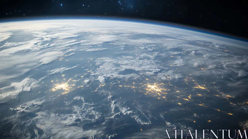 Curved Earth horizon with nocturnal city lights from orbit.