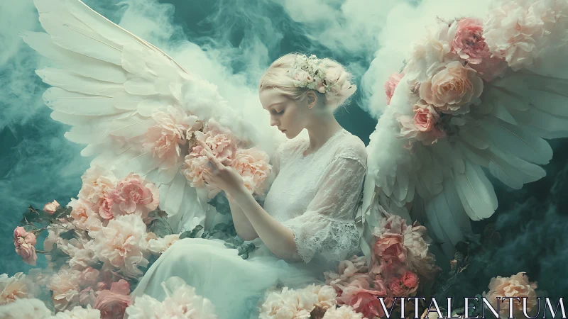 Ethereal winged woman in lace gown surrounded by dense pastel peonies