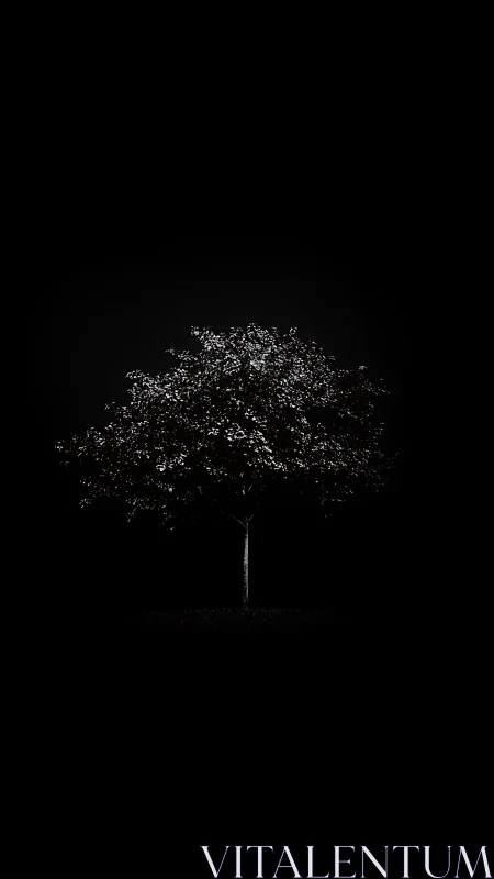 Solitary illuminated tree emerging from deep black void.