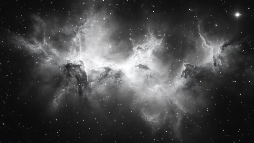 Monochrome emission nebula with dense dust lanes and starfield contrast