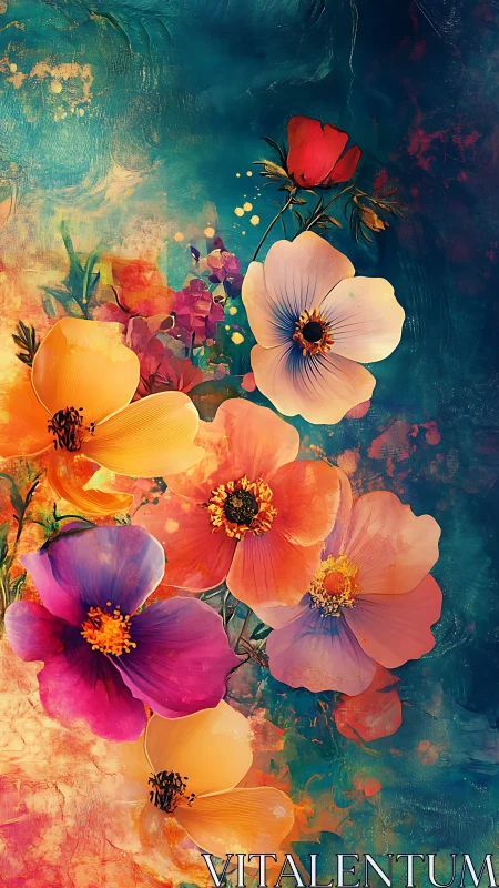 Colorful Flowers Blooming Against Textured Teal Background