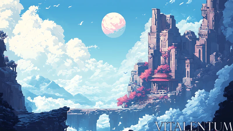 Skyward citadel crowns floating cliffs under painted moon.