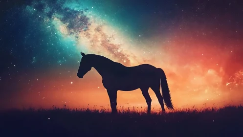 Stargazing horse leans quietly against a painted cosmos sky