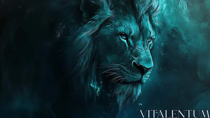 Midnight lion spirit gazes calmly through swirling teal mist