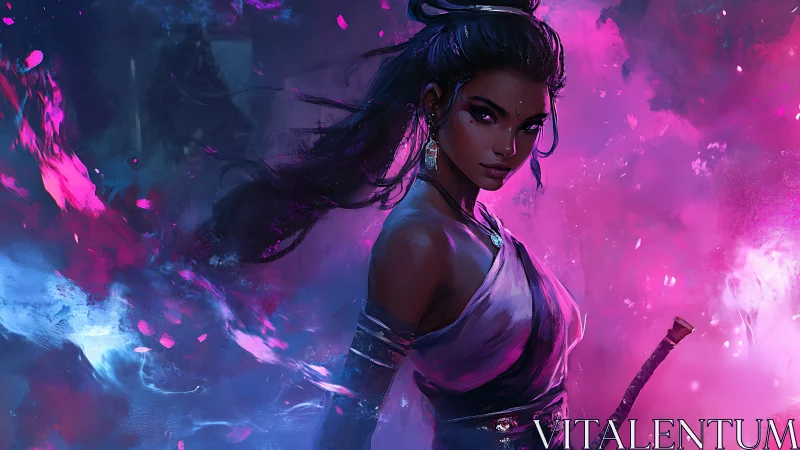 Warrior sorceress in neon mist with dynamic brushwork.