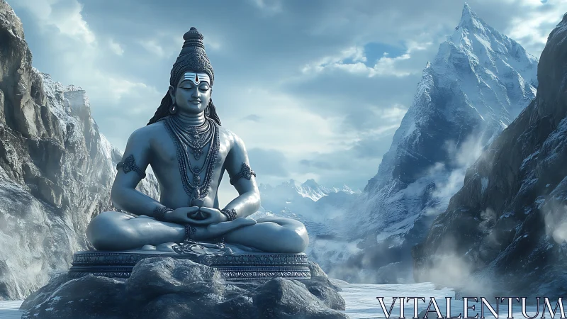 Large serene deity statue in icy high mountain valley.