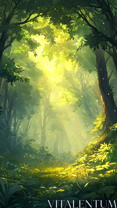 Sunlit Forest Glade: Where Golden Light Meets Green Serenity.