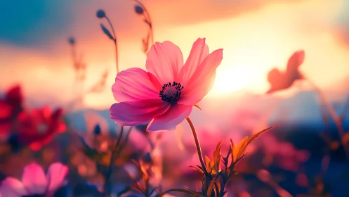 Pink cosmos flowers photographed during sunset with shallow depth of field