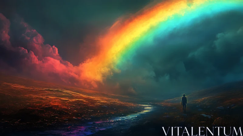 Solitary figure beneath vivid rainbow in stormy valley.