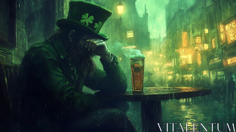 Melancholic leprechaun in rain-soaked neon Irish alleyway
