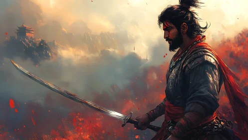 Lone warrior pauses in glowing battlefield haze and embers