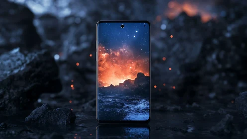 Smartphone with cosmic landscape display in dark rocky scene.