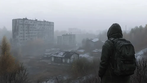 Hooded observer surveying fog-drenched posturban decay zone.