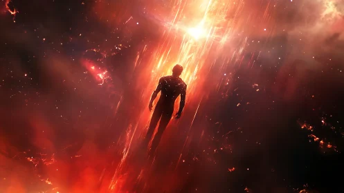 Lone cosmic figure ascends through blazing stellar light.