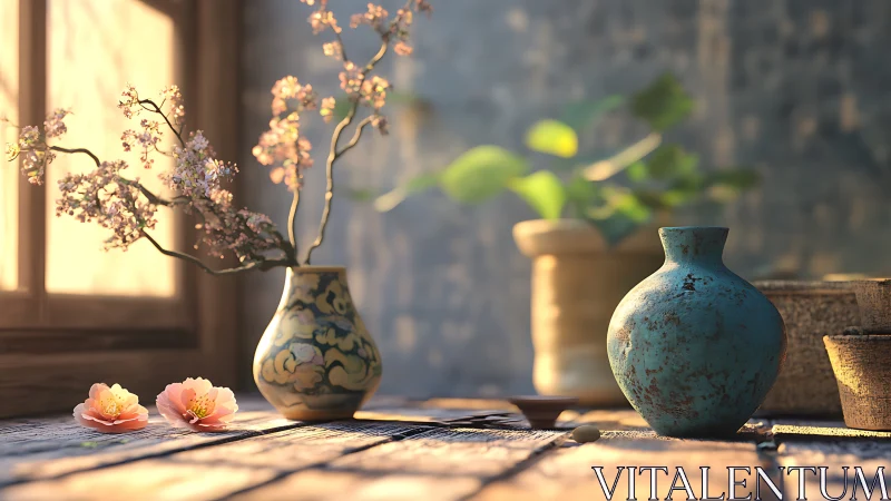 Sunlit rustic vases with blossoms on textured wooden table.