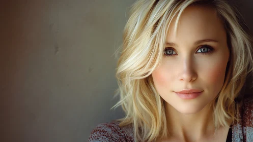 Softly lit blonde portrait with serene direct gaze.