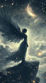 Lunar backlit winged figure on precipice in atmospheric dusk.