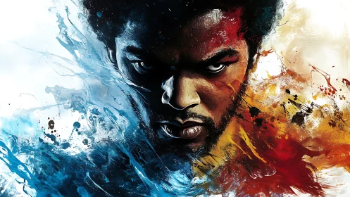 Fierce portrait framed by swirling fire and ice energy.