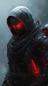 Hooded cyber wraith with ember-red visor burning through fog.
