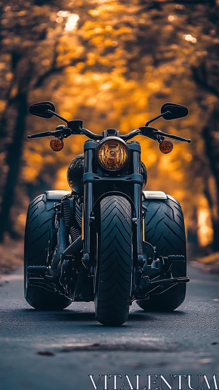 Brooding three-wheeled beast idling under molten autumn light.