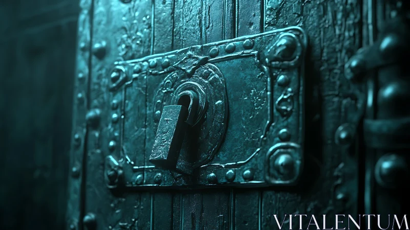 Weathered metal lockplate grips heavy wooden door edge