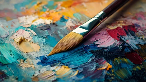 Close-up of Paintbrush on Colorful Oil Paint Palette, Artistic Style.