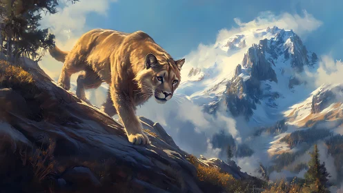 Mountain Lion Traversing Alpine Ridge with Dramatic Peak Backdrop