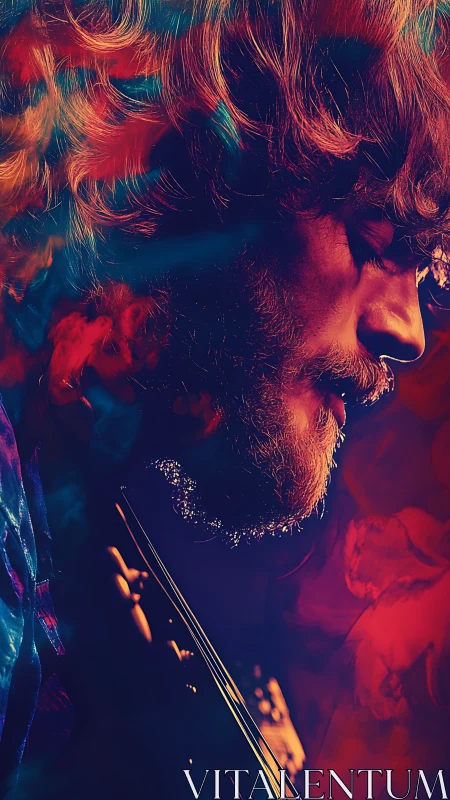 Side-lit guitarist portrait with neon bokeh and color haze