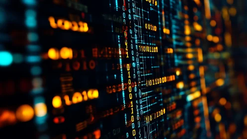 Glowing binary code streams construct a high-density data grid