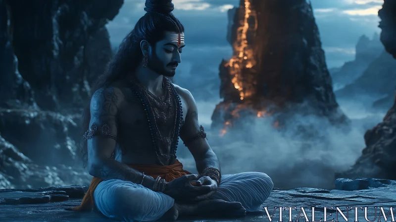 Serene mystic in meditation amid glowing mountain night.