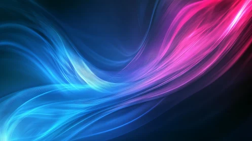 Neon blue and pink light waves on dark abstract background.