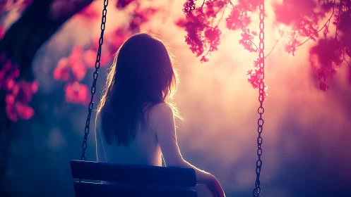 Soft dusk cradles a girl on a swing beneath blooming light
