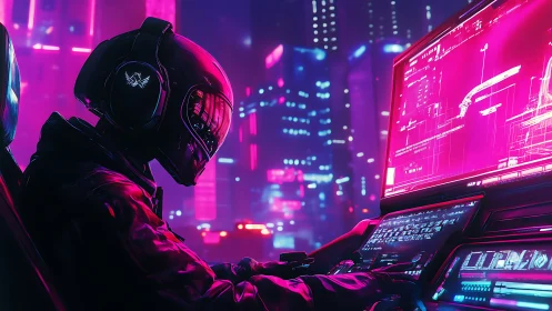 Neon-clad cyber pilot steers data streams through city light