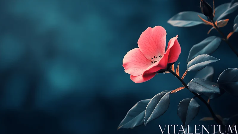 Coral bloom glows against deep teal bokeh background.