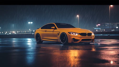 Yellow sports coupe parked on wet asphalt at night.