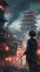 Samurai watches burning lantern city under stormy night sky.