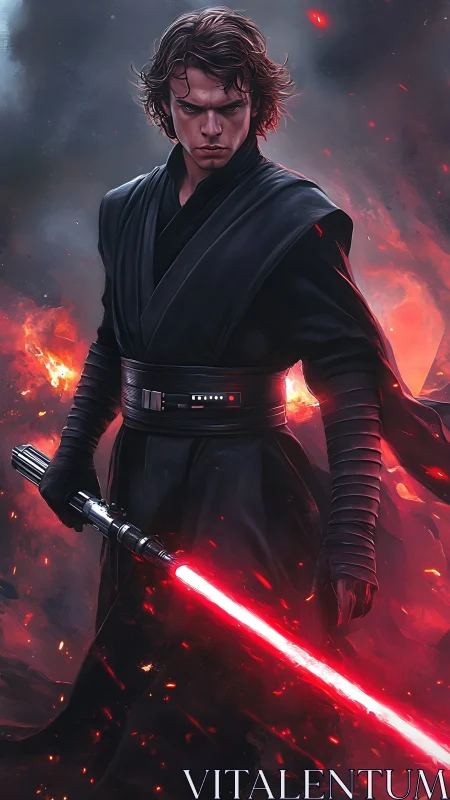 Dark warrior with red lightsaber stands amid fiery smoke