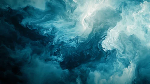 Turbulent cyan fluid vortices form layered, high-contrast plumes