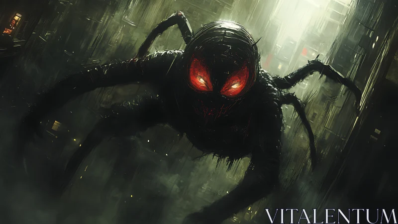 Dark spiderlike creature crawls through dystopian cityscape.